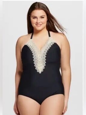 Sea Angel Black One-Piece Swimsuit with White Lace V-Neck
